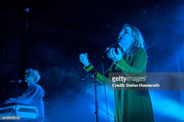 Ryan Wonsiak and singer Katie Stelmanis of Austra perform live on stage during a concert at Astra on March 13, 2017 in Berlin, Germany.