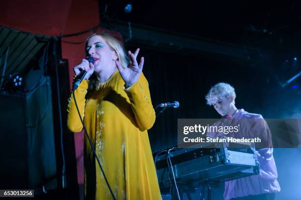 Singer Katie Stelmanis and Ryan Wonsiak of Austra perform live on stage during a concert at Astra on March 13, 2017 in Berlin, Germany.