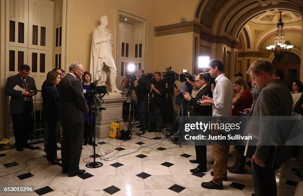 Senate Minority Leader Charles Schumer speaks during a news conference at the U.S. Capitol on March 13, 2017 in Washington, DC. House Minority Leader...