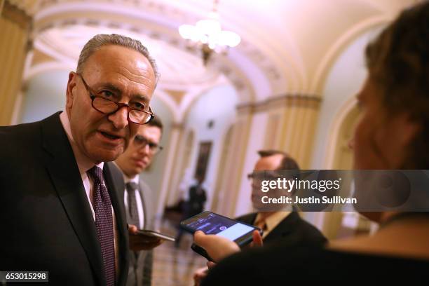 Senate Minority Leader Charles Schumer speaks to reporters following a news conference at the U.S. Capitol on March 13, 2017 in Washington, DC. House...