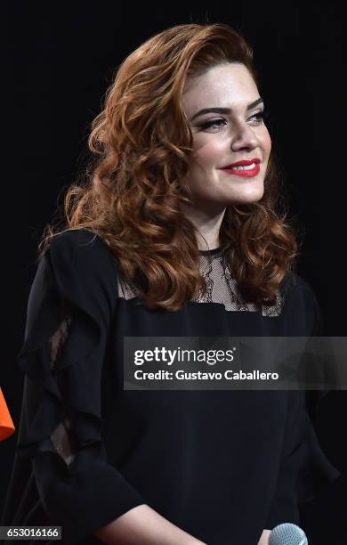 Angelica Celaya is seen at the introduction of the cast of 'Jenni Rivera: Mariposa de Barrio' at Telemundo Studios on March 13, 2017 in Miami,...