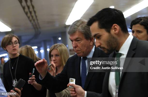 Sen. Roy Blunt talks with reporters at the U.S. Capitol on March 13, 2017 in Washington, DC. The U.S. Senate voted to confirm Seema Verma, U.S....