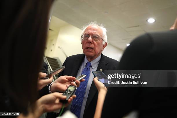 Sen. Bernie Sanders talks with reporters at the U.S. Capitol on March 13, 2017 in Washington, DC. The U.S. Senate voted to confirm Seema Verma, U.S....