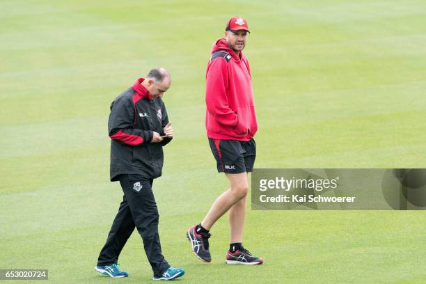 Canterbury coach Gary Stead and Peter Fulton of Canterbury look on as rain delays play during the Plunket Shield match between Canterbury and Otago...