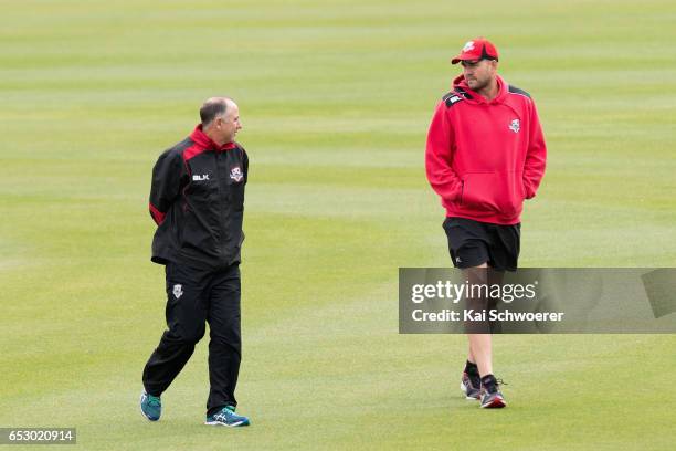 Canterbury coach Gary Stead and Peter Fulton of Canterbury look on as rain delays play during the Plunket Shield match between Canterbury and Otago...