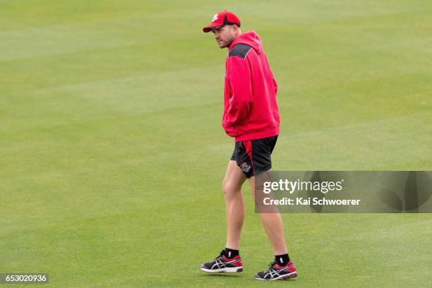 Peter Fulton of Canterbury looks on as rain delays play during the Plunket Shield match between Canterbury and Otago on March 14, 2017 in...