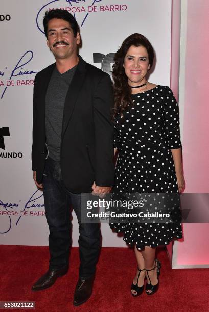 Gabriel Porras and Rosalinda Rodriguez are seen at the introduction of the cast of 'Jenni Rivera: Mariposa de Barrio' at Telemundo Studios on March...