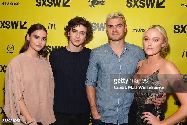 Actors Maie Mitchell, Timothee Chalamet, Alex Roe, and Maika Monroe attend the "Hot Summer Nights" premiere 2017 SXSW Conference and Festivals on...
