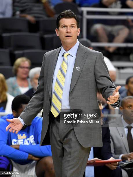 Head coach Steve Alford of the UCLA Bruins reacts during a quarterfinal game of the Pac-12 Basketball Tournament against the USC Trojans at T-Mobile...
