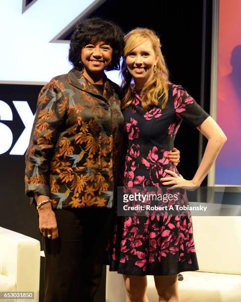 Cheryl Boone Isaacs, President of the Academy of Motion Picture Arts and Sciences and writer Allison Schroeder pose onstage at 'A Conversation with...