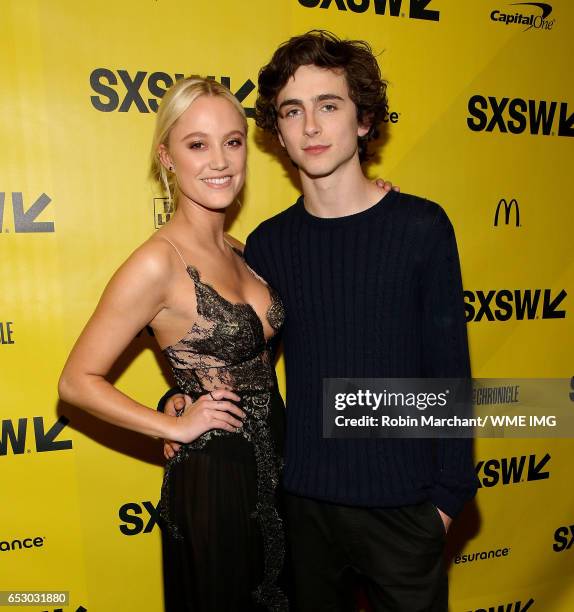 Actors Maika Monroe and Timothee Chalamet attend Imperative Entertainment's "Hot Summer Nights" SXSW world premiere at Paramount Theatre on March 13,...