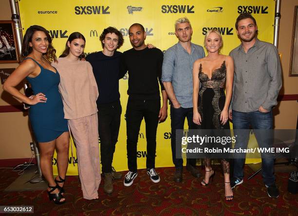 Jasmine Daghighian, Maia Mitchell, Timothee Chalamet, Elijah Bynum, Alex Roe, Maika Monroe and Ryan Friedkin attend Imperative Entertainment's "Hot...