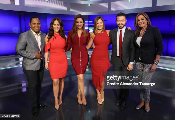 Tony Dandrades, Jackie Guerrido, Michelle Galvan, Pamela Silva, Borja Voces and Cecilia Ramirez Harris are seen on the set of "Primer Impacto" at...