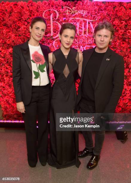 Emma Watson with Livia Firth, founder of Eco-Age, a sustainable brand consultancy, and designer Christopher Kane who collaborated to create a...