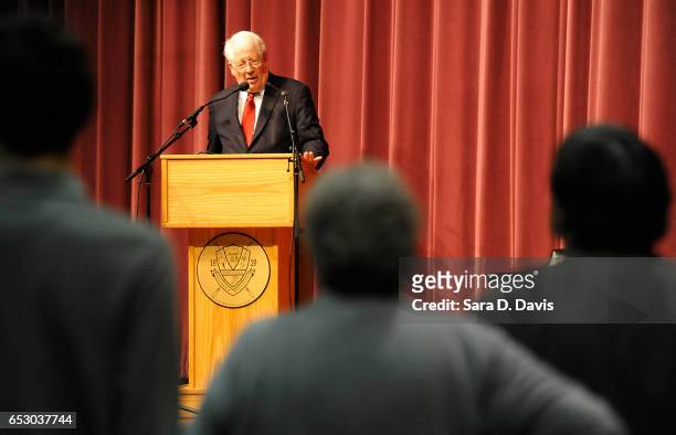 Rep. David Price answers during a town hall meeting at Broughton High School on March 13, 2017 in Raleigh, North Carolina. Constituents gathered to...
