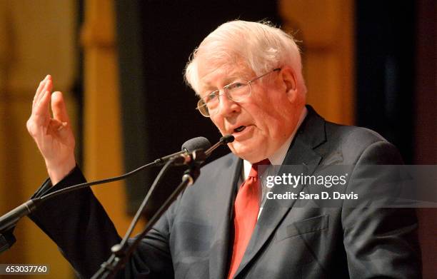 Rep. David Price answers questions during a town hall meeting at Broughton High School on March 13, 2017 in Raleigh, North Carolina. Constituents...