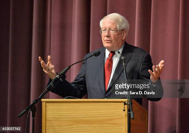 Rep. David Price answers questions during a town hall meeting at Broughton High School on March 13, 2017 in Raleigh, North Carolina. Constituents...