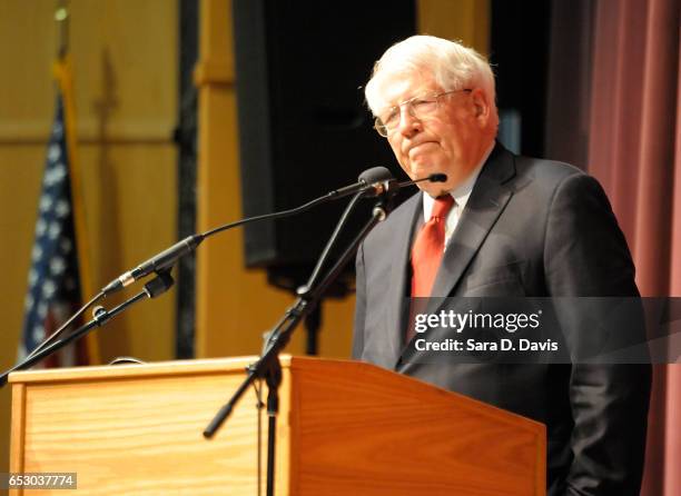 Rep. David Price listens to questions during a town hall meeting at Broughton High School on March 13, 2017 in Raleigh, North Carolina. Constituents...