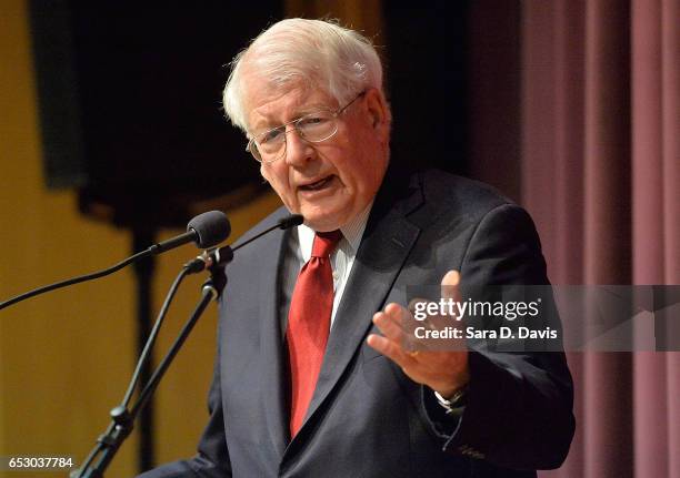 Rep. David Price answers questions during a town hall meeting at Broughton High School on March 13, 2017 in Raleigh, North Carolina. Constituents...