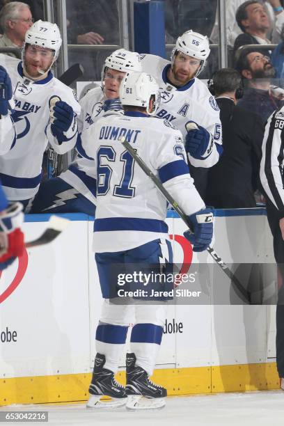 Gabriel Dumont of the Tampa Bay Lightning celebrates after scoring a goal in the second period against the New York Rangers at Madison Square Garden...