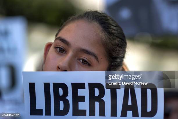 Fatima Avelica daughter of of Romulo Avelica-Gonzalez, attends a rally with loved ones and supporters for his release outside U.S. Immigration and...