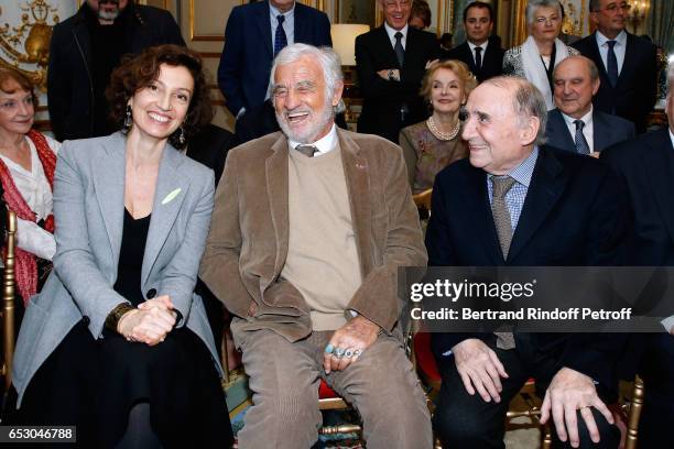 French Minister of Culture and Communication, Audrey Azoulay, Jean-Paul Belmondo and Claude Brasseur attend Claude Brasseur is elevated to the rank...