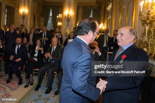 Alexandre Brasseur and his wife Juliette Brasseur attend attend French President, Francois Hollande elevates Claude Brasseur to the rank of "Officier...