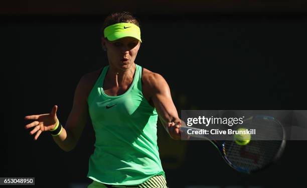 Lucie Safarova of the Czech Republic in action against Venus Williams of the United States in their third round match during day eight of the BNP...