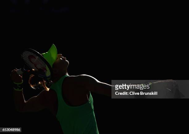 Lucie Safarova of the Czech Republic serves against Venus Williams of the United States in their third round match during day eight of the BNP...