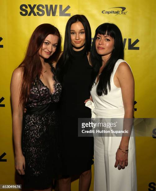 Actor/writer Leah McKendrick, actor Melanie Britton and director Natalia Leite attend the premiere of "M.F.A." during 2017 SXSW Conference and...