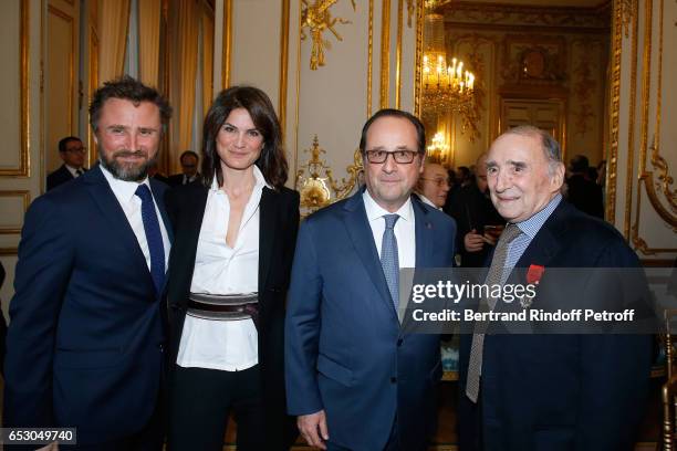 Alexandre Brasseur, his wife Juliette Brasseur, Francois Hollande and Claude Brasseur attend Claude Brasseur is elevated to the rank of "Officier de...