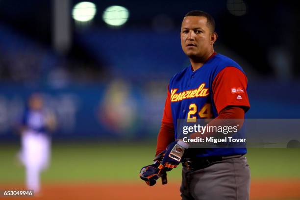 Miguel Cabrera of Venezuela looks on in the top of the first inning during the World Baseball Classic Pool D Game 7 between Venezuela and Italy at...