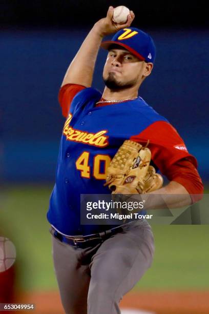 Omar Bencomo of Venezuela pitches in the bottom of the first inning during the World Baseball Classic Pool D Game 7 between Venezuela and Italy at...