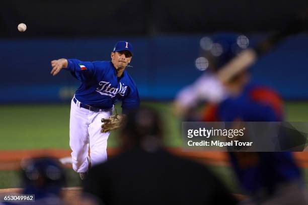 Morris of Italy pitches in the top of the first inning during the World Baseball Classic Pool D Game 7 between Venezuela and Italy at Panamericano...