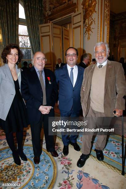 French Minister of Culture and Communication, Audrey Azoulay, Claude Brasseur, Francois hollande and Jean-Paul Belmondo attend Claude Brasseur is...