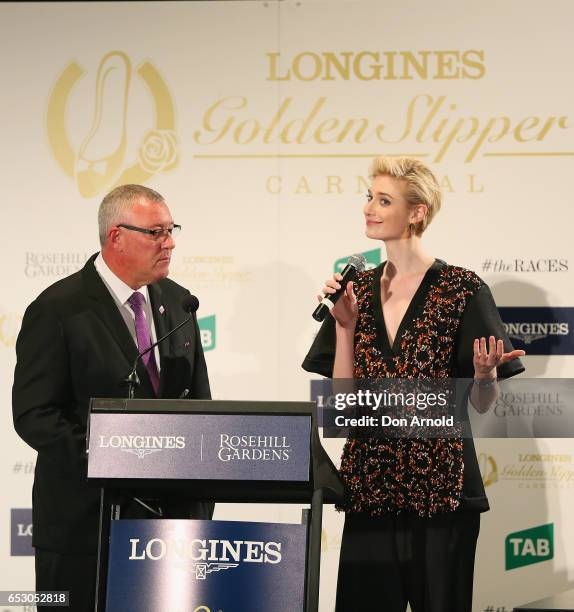 Elizabeth Debicki is interviewed during the 2017 Longines Golden Slipper Barrier Draw Media Call at Rosehill Gardens on March 14, 2017 in Sydney,...