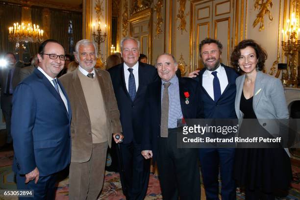 Francois Hollande, Jean-Paul Belmondo, Christian Cambon, Claude Brasseur, his son Alexandre Brasseur and French Minister of Culture and...