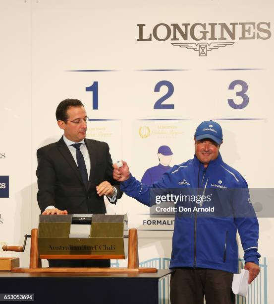 Darren Beadman draws the barrier for 'Catchy' during the 2017 Longines Golden Slipper Barrier Draw Media Call at Rosehill Gardens on March 14, 2017...
