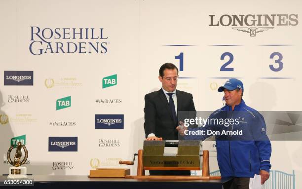 Darren Beadman draws the barrier for 'Catchy' during the 2017 Longines Golden Slipper Barrier Draw Media Call at Rosehill Gardens on March 14, 2017...