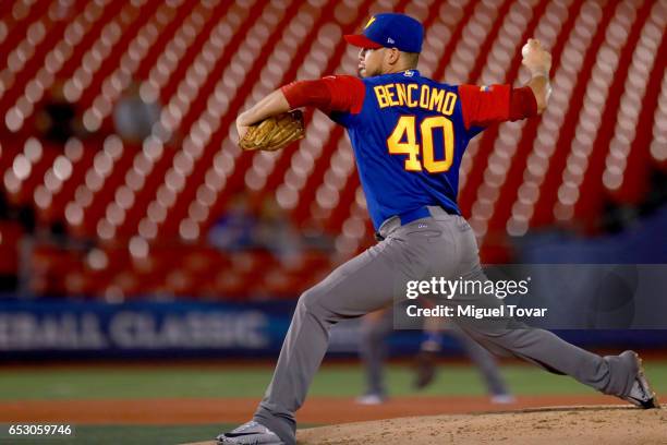 Omar Bencomo of Venezuela pitches in the bottom of the second inning during the World Baseball Classic Pool D Game 7 between Venezuela and Italy at...