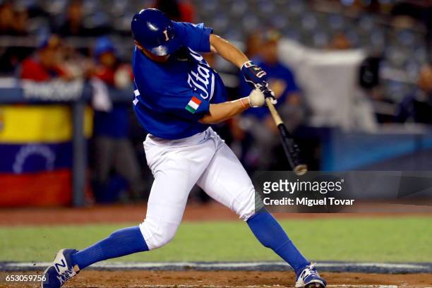 John Andreoli of Italy fouls in the bottom of the second inning during the World Baseball Classic Pool D Game 7 between Venezuela and Italy at...