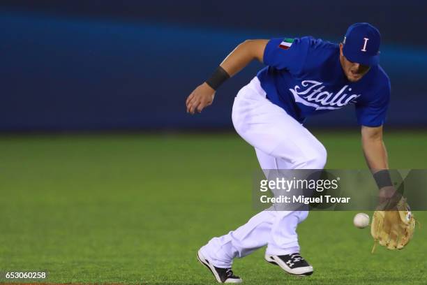 Gavin Cecchini of Italy makes a play in the top of the third inning during the World Baseball Classic Pool D Game 7 between Venezuela and Italy at...