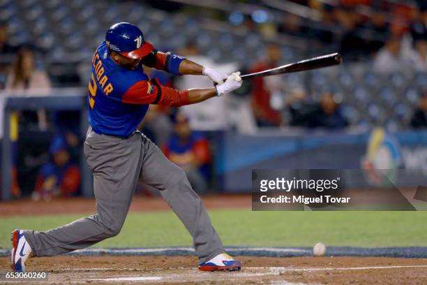 Alcides Escobar of Venezuela fouls in the bottom of the third inning during the World Baseball Classic Pool D Game 7 between Venezuela and Italy at...