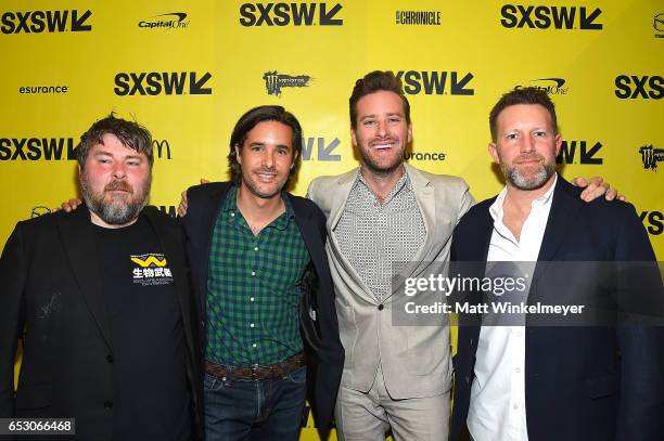 Director Ben Wheatley, guest, actor Armie Hammer, and Brandon Leibmann attend the "FREE FIRE" premiere 2017 SXSW Conference and Festivals on March...