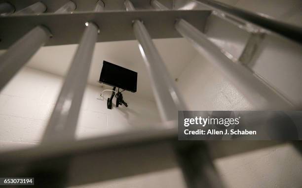 View of a small flat-screen television that pay-to-stay program inmates can watch at the Seal Beach Detention center in Seal Beach. Project is a...