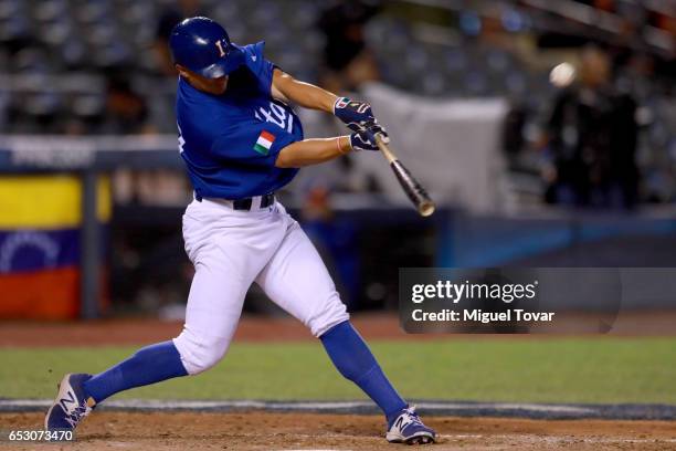 John Andreoli of Italy hits a home run in the bottom of the seventh inning during the World Baseball Classic Pool D Game 7 between Venezuela and...