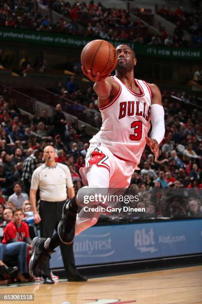 Dwyane Wade of the Chicago Bulls goes up for a lay up against the Denver Nuggets on February 28, 2017 at the United Center in Chicago, Illinois. NOTE...