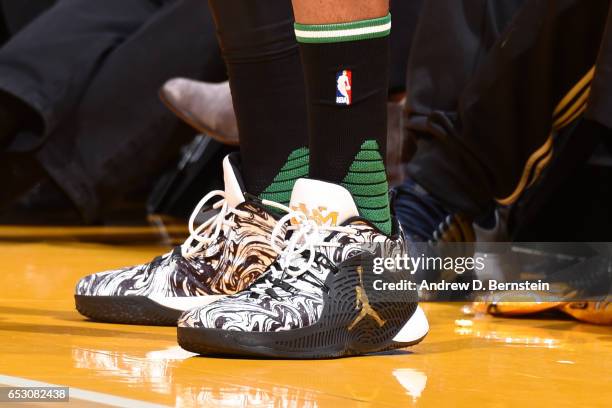 The sneakers of James Young of the Boston Celtics are seen during the game against the Los Angeles Lakers on March 3, 2017 at STAPLES Center in Los...
