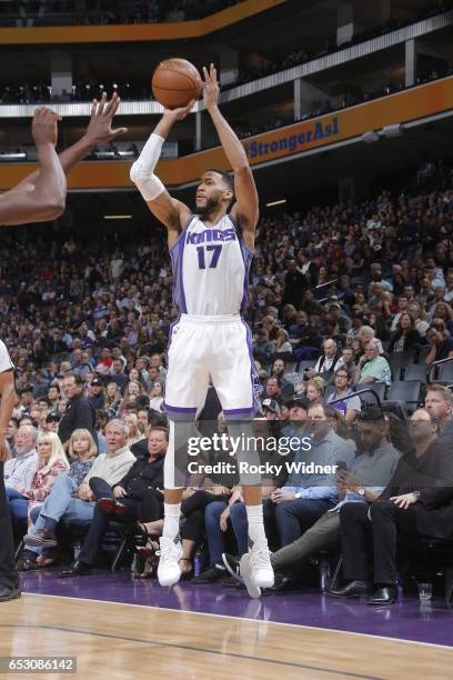 Garrett Temple of the Sacramento Kings shoots the ball against the Orlando Magic on March 13, 2017 at Golden 1 Center in Sacramento, California. NOTE...