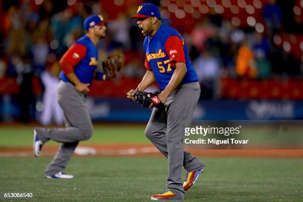Francisco Rodriguez of Venezuela celebrates after defeating Italy during the World Baseball Classic Pool D Game 7 between Venezuela and Italy at...